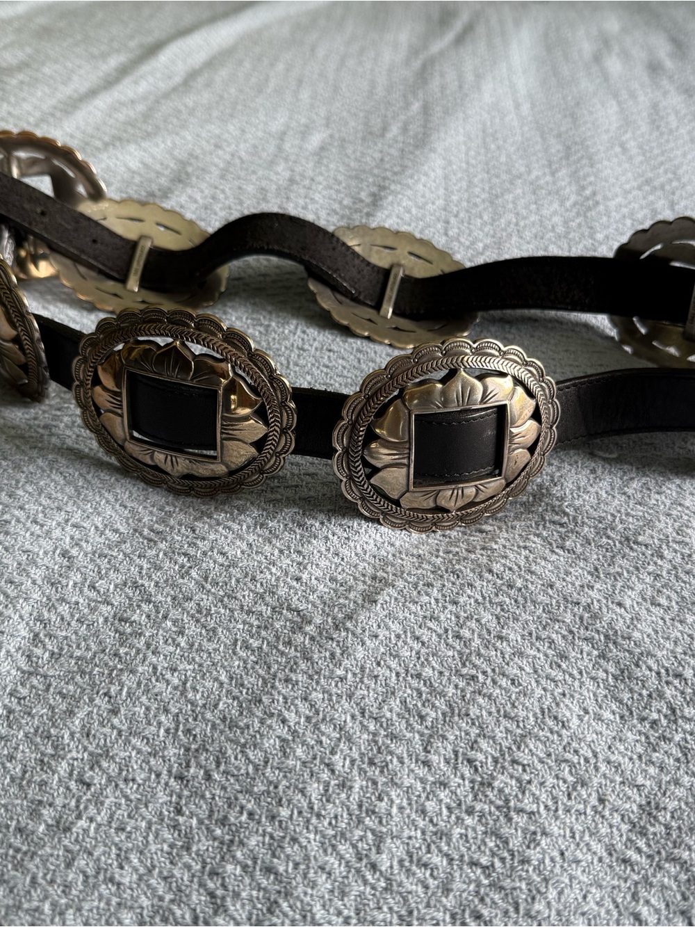 Vintage Brighton Black Leather Belt with Antiqued Silver Medallions